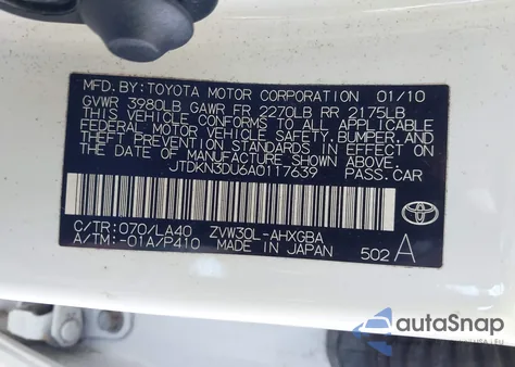 2010 Toyota Prius Iv from USA, damaged, VIN JTDKN3DU6A0117639